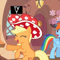 Size: 500x500 | Tagged: safe, edit, edited screencap, screencap, applejack, rainbow dash, earth pony, pony, daring don't, g4, season 4, animated, apple hat, cute, dancing, female, hat, jackabetes, loop, mare, national random holiday party day, party stetson, reversed, scrunchy face, silly, silly pony, solo focus, the club can't even handle me right now, who's a silly pony