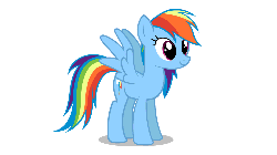 Size: 750x422 | Tagged: safe, artist:themightyshizam, rainbow dash, g4, animated, cute, dashabetes, eyes closed, female, flapping, flying, looking at you, simple background, smiling, solo, spread wings, standing, test