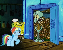 Size: 500x397 | Tagged: safe, rainbow dash, daring don't, g4, season 4, just one bite, krabby patty, male, meme, smugdash, spongebob squarepants, spongebob squarepants (character), squidward tentacles, you like krabby patties don't you squidward?
