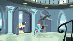 Size: 384x216 | Tagged: safe, screencap, care package, rainbow dash, special delivery, pegasus, pony, daring don't, g4, animated, cute, dashabetes, door, female, flying, hub logo, hubble, interior, mailpony, male, mare, ohmygosh, rainbow dash's house, stallion, the hub