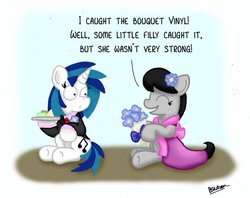 Size: 1003x796 | Tagged: safe, artist:bobthedalek, dj pon-3, octavia melody, vinyl scratch, earth pony, pony, unicorn, g4, avenue q, bouquet, clothes, dress, duo, eyes closed, female, flower, flower in hair, food, frown, hoof hold, implied theft, open mouth, plate, reference, smiling, suit, wedding, wide eyes