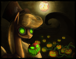 Size: 1010x792 | Tagged: safe, artist:grinu, applejack, earth pony, pony, g4, female, glowing eyes, green eyes, hat, jack-o-lantern, moon, mouth hold, nightmare night, solo, top hat