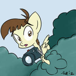 Size: 640x640 | Tagged: safe, artist:giantmosquito, featherweight, pegasus, pony, g4, bush, camera, colt, male, observer, solo