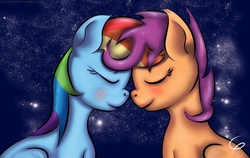 Size: 1707x1080 | Tagged: safe, artist:cuckooparty, rainbow dash, scootaloo, pony, g4, blushing, female, lesbian, nose to nose, older, pseudoincest, ship:scootadash, shipping