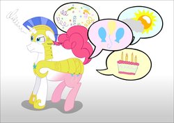 Size: 1061x753 | Tagged: safe, artist:ultrathehedgetoaster, pinkie pie, earth pony, pony, unicorn, g4, body sharing, cake, conjoined, cutie mark, eye twitch, gradient background, hedgetoaster hybrid, merging, party, pictogram, pun, royal guard, speech bubble, tickling, visual pun, wat