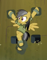 Size: 301x381 | Tagged: safe, screencap, daring do, daring don't, g4, my little pony: friendship is magic, deathtrap, female, fortress of talacon, incorrect leg anatomy, restrained, solo, surprised