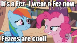 Size: 960x540 | Tagged: safe, pinkie pie, rainbow dash, daring don't, g4, doctor who, fez, hat, hub logo, national random holiday party day
