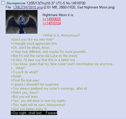 Size: 494x466 | Tagged: safe, nightmare moon, g4, /mlp/, 4chan, 4chan screencap, anon in equestria, feels, greentext, rejection is magic, sad, text