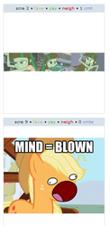 Size: 273x561 | Tagged: safe, applejack, twilight sparkle, derpibooru, equestria girls, g4, de-inverted, exploitable meme, juxtaposition, juxtaposition win, meme, meta, mind blown