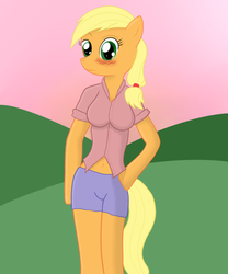 Size: 1000x1200 | Tagged: safe, artist:lazyfable, applejack, anthro, g4, belly button, blushing, female, solo