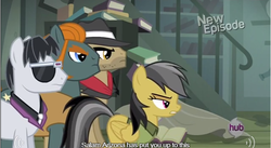 Size: 642x352 | Tagged: safe, screencap, biff, daring do, rogue (g4), withers, earth pony, pegasus, pony, daring don't, g4, female, group, henchmen, male, mare, meme, quartet, stallion, sunglasses, youtube caption