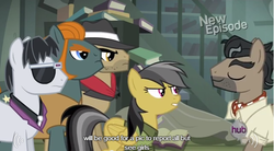 Size: 640x353 | Tagged: safe, screencap, biff, daring do, doctor caballeron, rogue (g4), withers, earth pony, pegasus, pony, daring don't, g4, female, henchmen, male, mare, meme, stallion, youtube caption