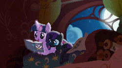 Size: 960x540 | Tagged: safe, artist:duo cartoonist, artist:lionheartcartoon, twilight sparkle, oc, oc:nyx, alicorn, pony, fanfic:past sins, g4, alicorn oc, animated, bed, bedtime story, book, cute, daughter, duo, eye shimmer, female, golden oaks library, hnnng, like mother like daughter, like parent like child, lying, lying down, magic, mama twilight, moon, mother, mother and daughter, night, nyxabetes, pirate, prone, reading, scroll, show accurate, spread wings, stars, talking, twilight sparkle (alicorn), weapons-grade cute, window