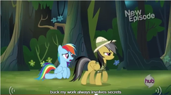 Size: 640x357 | Tagged: safe, screencap, daring do, rainbow dash, daring don't, g4, meme, rainkneel dash, youtube caption