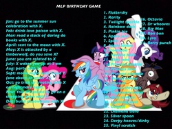 Size: 1024x768 | Tagged: safe, apple bloom, applejack, discord, fluttershy, king sombra, lightning dust, nightmare moon, pinkie pie, princess cadance, princess luna, queen chrysalis, rainbow dash, rarity, scootaloo, shining armor, spike, sweetie belle, twilight sparkle, g4, birthday game, cutie mark crusaders, exploitable meme, mane six, meme, text, twilight sparkle (alicorn), twister