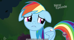 Size: 638x351 | Tagged: safe, screencap, rainbow dash, daring don't, g4, female, floppy ears, meme, solo, youtube caption