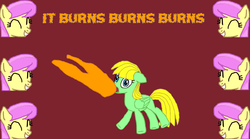 Size: 935x520 | Tagged: safe, sunny rays, oc, oc:viva reverie, pegasus, pony, background pony, female, fire, fire breath, it burns burns burns, mare, multeity, ponysona, self portrait, very hot, youtuber