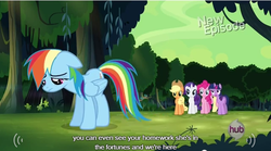 Size: 639x355 | Tagged: safe, screencap, applejack, fluttershy, pinkie pie, rainbow dash, rarity, twilight sparkle, alicorn, pony, daring don't, g4, female, mane six, mare, meme, twilight sparkle (alicorn), youtube caption