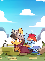 Size: 1000x1360 | Tagged: safe, artist:php56, a.k. yearling, daring do, rainbow dash, pegasus, pony, daring don't, g4, chibi, clothes, cloud, cup, drink, eyes closed, grass, hat, open mouth, outdoors, sky, sleeping, smiling, snoring, typewriter