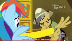 Size: 638x359 | Tagged: safe, screencap, daring do, rainbow dash, daring don't, g4, meme, pillar of burnination, rings of scorchero, youtube caption