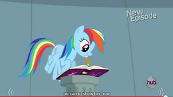 Size: 636x356 | Tagged: safe, screencap, rainbow dash, pegasus, pony, daring don't, g4, female, flying, meme, solo, youtube caption