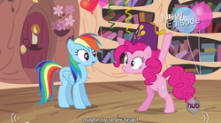 Size: 638x354 | Tagged: safe, screencap, pinkie pie, rainbow dash, pony, daring don't, g4, balloon, bipedal, fez, hat, meme, national random holiday party day, streamers, youtube caption