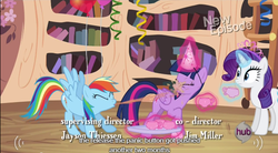 Size: 638x352 | Tagged: safe, screencap, rainbow dash, rarity, twilight sparkle, alicorn, pony, daring don't, g4, balloon, golden oaks library, hub logo, jewelry, meme, national random holiday party day, streamers, tiara, twilight sparkle (alicorn), youtube caption