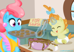 Size: 1000x707 | Tagged: safe, artist:pijinpyon, cup cake, pumpkin cake, pony, g4, apron, baby, baby pony, baking, batter, bow, christmas, clothes, cookie, cookie dough, cooking, cute, diaper, eyes closed, female, food, kitchen, magic, messy, mother and child, mother and daughter, mouth hold, pumpkinbetes, spoon, table, telekinesis, weapons-grade cute