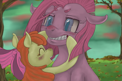 Size: 931x617 | Tagged: safe, artist:colorlesscupcake, apple bloom, pinkie pie, earth pony, pony, g4, female, forced smile, lesbian, pinkamena diane pie, pinkiebloom, shipping, smiling, thick eyebrows