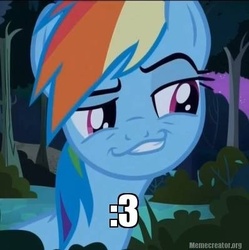 Size: 398x400 | Tagged: safe, rainbow dash, daring don't, g4, :3, female, image macro, meme, smirk, smugdash, solo