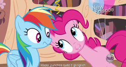 Size: 1152x608 | Tagged: safe, screencap, pinkie pie, rainbow dash, daring don't, g4, meme, national random holiday party day, youtube caption