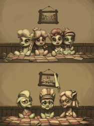 Size: 1080x1440 | Tagged: safe, artist:assasinmonkey, apple rose, auntie applesauce, granny smith, sew 'n sow, earth pony, pony, apple family reunion, g4, 2013, comparison, elderly, feels, female, implied death, mare, mortality blues, older, sad, sepia, time, young apple rose, young auntie applesauce, young granny smith, younger