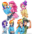 Size: 1300x1380 | Tagged: safe, artist:racoonsan, daring do, fluttershy, pinkie pie, rainbow dash, rarity, human, daring don't, g4, belly button, breasts, busty fluttershy, clothes, daring flat, delicious flat chest, dress, female, hat, horn, horned humanization, humanized, light skin, lip bite, midriff, off shoulder, rainbow flat, scene interpretation, simple background, sketch dump, smugdash, sweater, sweatershy, white background, winged humanization