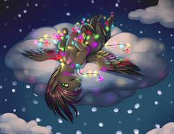 Size: 1650x1275 | Tagged: safe, artist:ask-creme, artist:revadiehard, oc, oc only, oc:rome silvanus, pegasus, pony, christmas lights, cloud, cloudy, grin, looking at you, night, on back, smiling, snow, snowfall, snowflake, solo, spread wings, tangled up, upside down