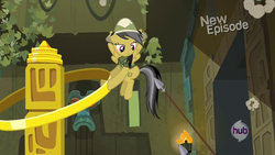 Size: 1920x1080 | Tagged: safe, screencap, daring do, pegasus, pony, daring don't, g4, clothes, female, flying, fortress of talacon, hat, mare, pillar of burnination, pith helmet, rings of scorchero, shirt, solo, spear, weapon