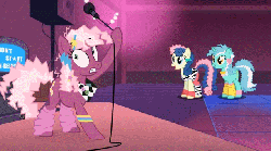 Size: 639x356 | Tagged: safe, artist:mysteryben, bon bon, cheerilee, lyra heartstrings, sweetie drops, earth pony, pony, unicorn, ponies: the anthology 3, g4, 80s, 80s cheerilee, animated, don't start un-believing, don't stop believing, double dipper, female, gravity falls, journey (band), karaoke, leg warmers, male, parody, song reference, zebra stripes