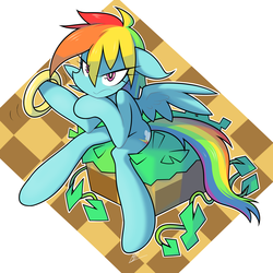 Size: 1800x1800 | Tagged: safe, artist:red-poni, rainbow dash, semi-anthro, g4, crossover, dirt cube, female, green hill zone, ring, sitting, solo, sonic the hedgehog (series), style emulation