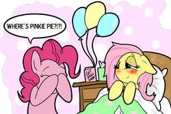 Size: 1134x756 | Tagged: safe, artist:silver1kunai, fluttershy, pinkie pie, balloon, bed, bed mane, blanket, blushing, box, card, cute, dialogue, diapinkes, eyes closed, floppy ears, friendshipping, messy mane, on back, peekaboo, pillow, sick, smiling, speech bubble, table, text, tired, tissue, tissue box