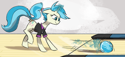 Size: 1162x536 | Tagged: safe, artist:herny, allie way, pony, unicorn, g4, bowling, bowling ball, solo