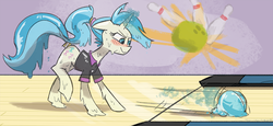 Size: 1162x536 | Tagged: safe, artist:herny, allie way, goo, goo pony, original species, pony, unicorn, g4, bowling, bowling ball, melting, solo, sports, wat