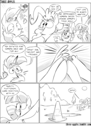 Size: 944x1294 | Tagged: safe, artist:capnpea, pinkie pie, rainbow dash, shining armor, twilight sparkle, alicorn, earth pony, pegasus, pony, unicorn, comic:three apples, g4, comic, female, hoofbump, male, mare, monochrome, stallion, traffic cone, twilight sparkle (alicorn), wing hands