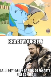 Size: 500x744 | Tagged: safe, daring do, rainbow dash, daring don't, g4, my little pony: friendship is magic, season 4, brace yourselves, exploitable meme, female, hape, hub logo, hug, lesbian, livestream, meme, memegenerator, shipping, smiling