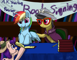 Size: 2071x1617 | Tagged: safe, artist:dawnmistpony, a.k. yearling, daring do, rainbow dash, pegasus, pony, daring don't, g4, autograph, book, book signing, female, filly, glasses, hat, mouth hold, pencil, pith helmet, table