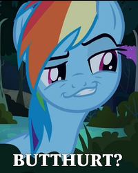 Size: 449x562 | Tagged: safe, rainbow dash, daring don't, g4, butthurt, caption, female, image macro, reaction image, smugdash, solo