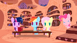 Size: 384x216 | Tagged: safe, artist:omegaozone, fluttershy, pinkie pie, rainbow dash, twilight sparkle, ponies: the anthology 3, g4, animated, book, dungeon master, dungeons and dragons, female, frame by frame, gif, golden oaks library, parody, pointy ponies, table