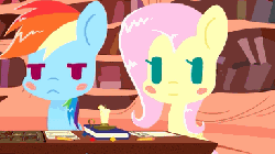Size: 384x216 | Tagged: safe, artist:omegaozone, fluttershy, pinkie pie, rainbow dash, twilight sparkle, ponies: the anthology 3, g4, animated, book, candle, dungeon master, dungeons and dragons, female, frame by frame, gif, golden oaks library, parody, table