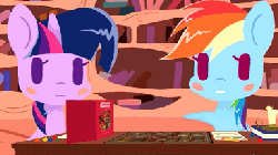 Size: 384x216 | Tagged: safe, artist:omegaozone, fluttershy, rainbow dash, twilight sparkle, ponies: the anthology 3, g4, animated, book, candle, dungeon master, dungeons and dragons, female, frame by frame, gif, golden oaks library, magic, parody, table
