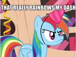 Size: 710x533 | Tagged: safe, edit, edited screencap, screencap, rainbow dash, daring don't, g4, caption, female, image macro, jimmies, national random holiday party day, solo