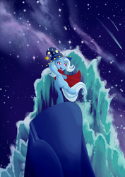 Size: 905x1280 | Tagged: safe, artist:dstears, trixie, pony, unicorn, g4, comet, disney, fantasia, female, mare, night, ocean, robe and wizard hat, rock, solo, stars, the sorcerer's apprentice, wave