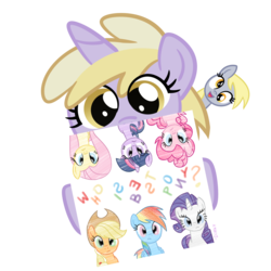 Size: 2000x2000 | Tagged: safe, artist:jackiephantom13, applejack, derpy hooves, dinky hooves, fluttershy, pinkie pie, rainbow dash, rarity, twilight sparkle, pegasus, pony, g4, best pony, cute, derpabetes, dinkabetes, female, filly, high res, looking at you, mane six, mare, simple background, transparent background